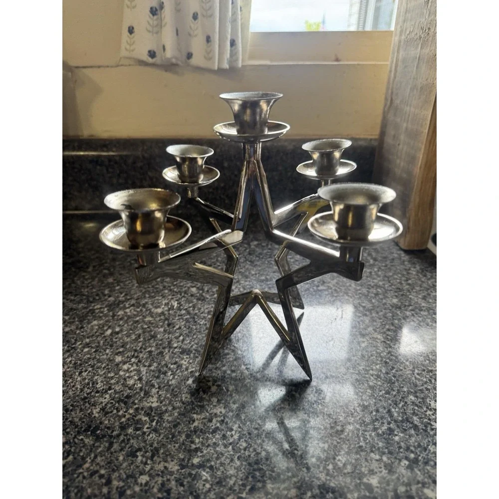 3D Star Candelabra Taper Candleholder Silver Color Metal